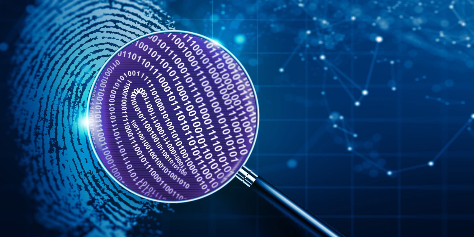 magnifying glass showing stylised fingerprint made up of binary data