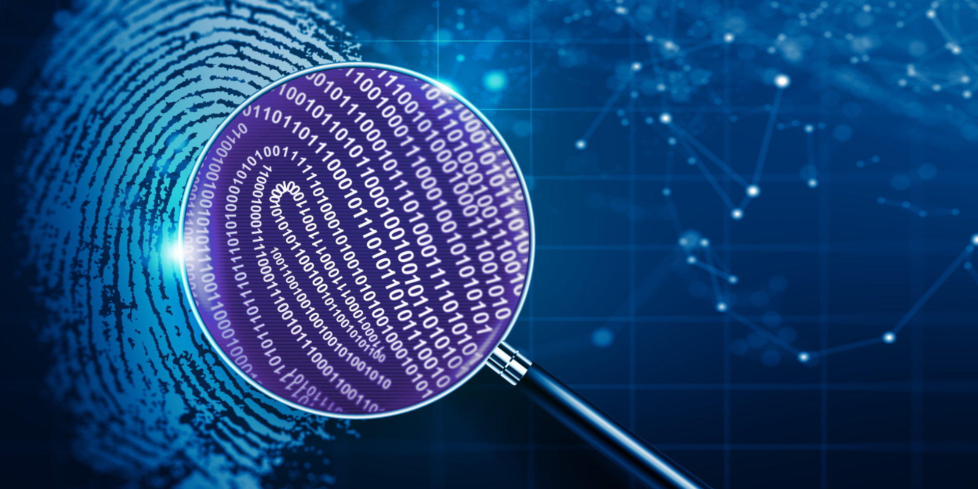 magnifying glass showing stylised fingerprint made up of binary data